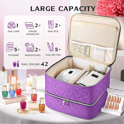 Nail Polish Organizer Case Holds 42 Bottles, Portable Double-Layer Nail Polish Storage Bag with Adjustable Dividers for Manicure Tools, Light Blue