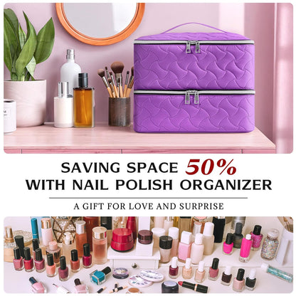 Nail Polish Organizer Case Holds 42 Bottles, Portable Double-Layer Nail Polish Storage Bag with Adjustable Dividers for Manicure Tools, Light Blue