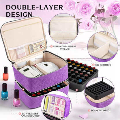 Nail Polish Organizer Case Holds 42 Bottles, Portable Double-Layer Nail Polish Storage Bag with Adjustable Dividers for Manicure Tools, Light Blue