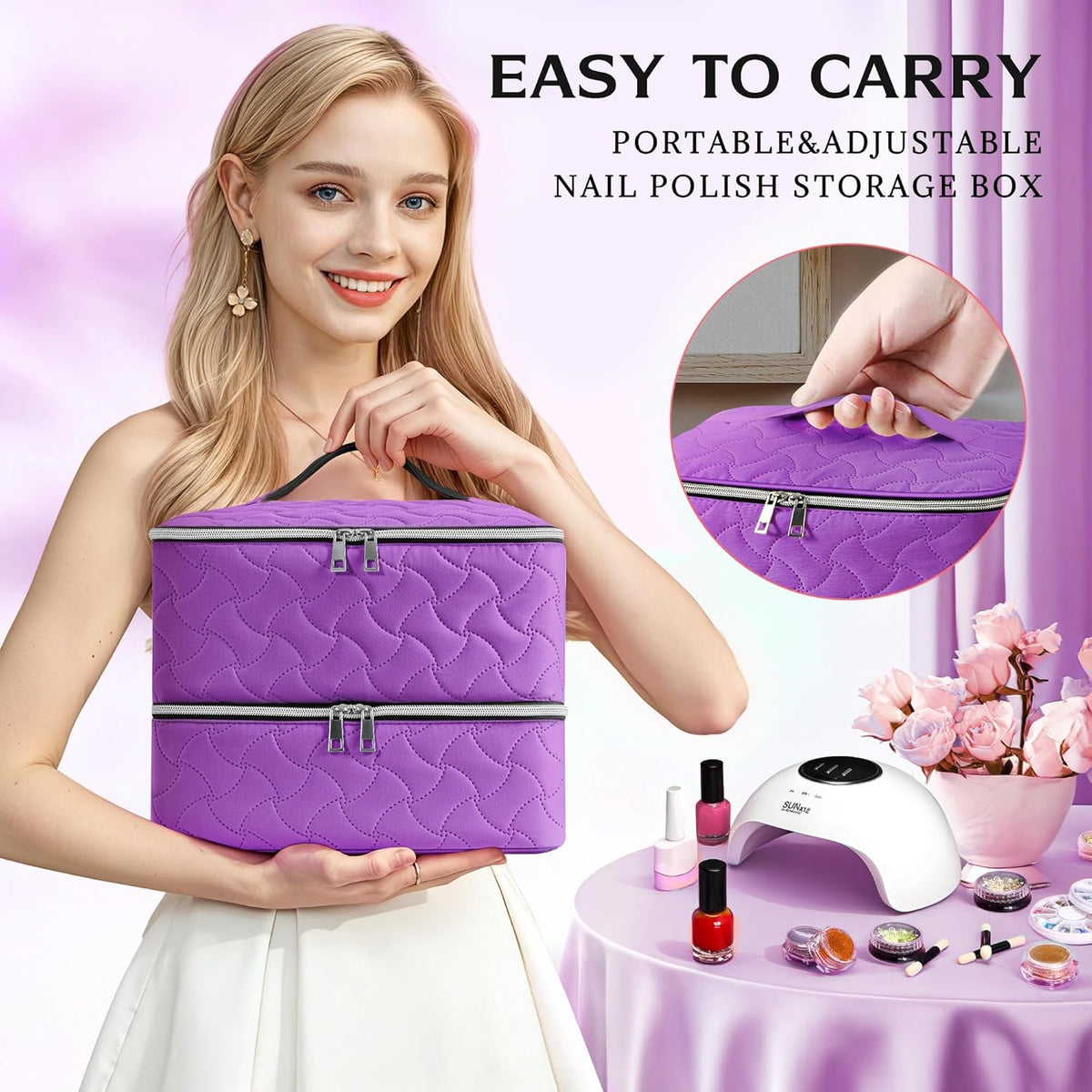 Nail Polish Organizer Case Holds 42 Bottles, Portable Double-Layer Nail Polish Storage Bag with Adjustable Dividers for Manicure Tools, Light Blue