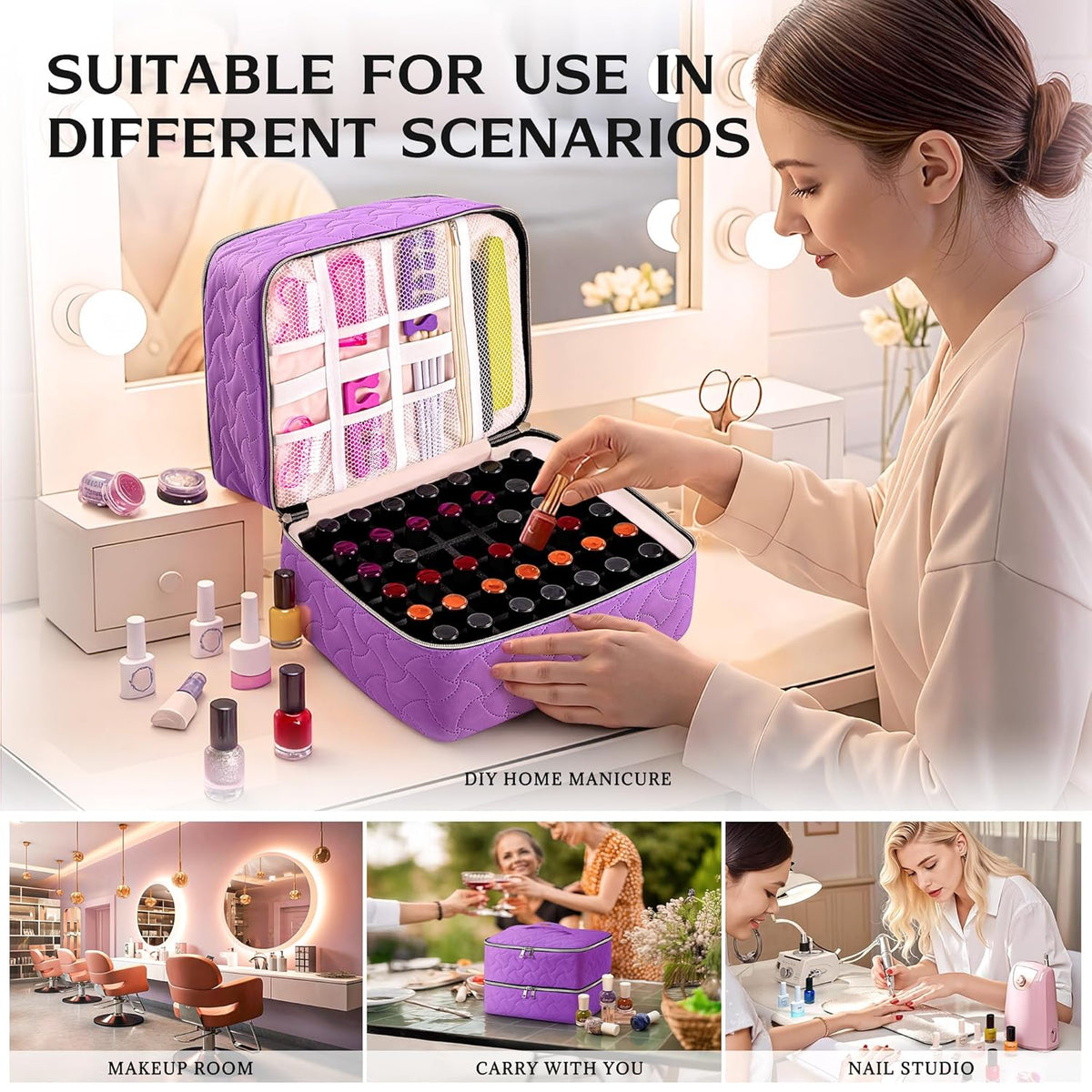 Nail Polish Organizer Case Holds 42 Bottles, Portable Double-Layer Nail Polish Storage Bag with Adjustable Dividers for Manicure Tools, Light Blue