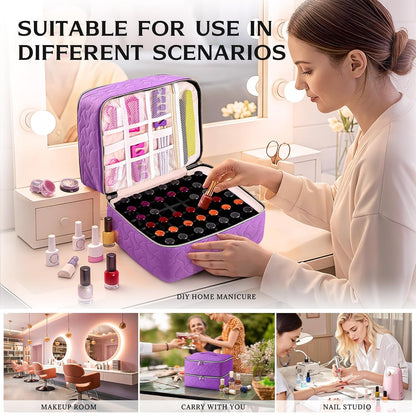 Nail Polish Organizer Case Holds 42 Bottles, Portable Double-Layer Nail Polish Storage Bag with Adjustable Dividers for Manicure Tools, Light Blue