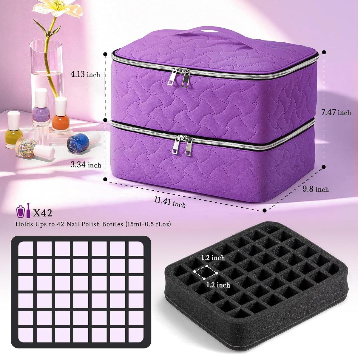 Nail Polish Organizer Case Holds 42 Bottles, Portable Double-Layer Nail Polish Storage Bag with Adjustable Dividers for Manicure Tools, Light Blue