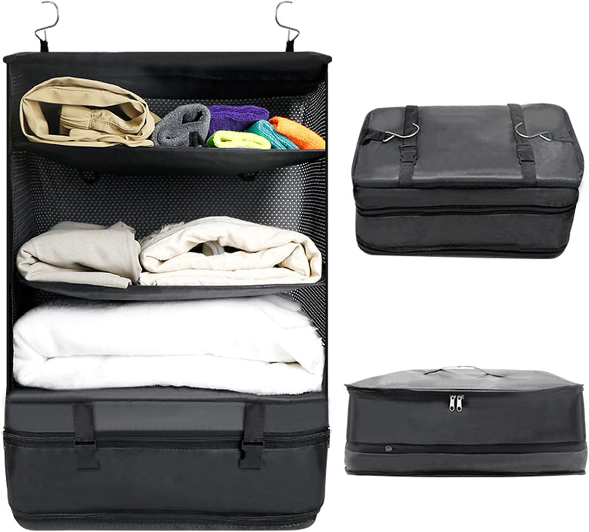 Portable Hanging Travel Shelves, 3 Shelf Travel Collapsible Compression Garment Organizer, Carry On Closet Suitcase, Suitcase Organizer for Home, Office Use