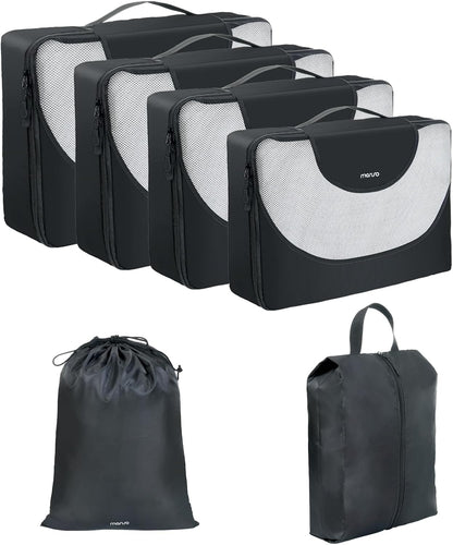 6 Set Packing Cubes for Travel Essentials, Suitcase Organizer Bags Set for Luggage, Light Weight Space-Saving Travel Accessories Expandable Packing Organizer Divider Road Trip Bags, Black