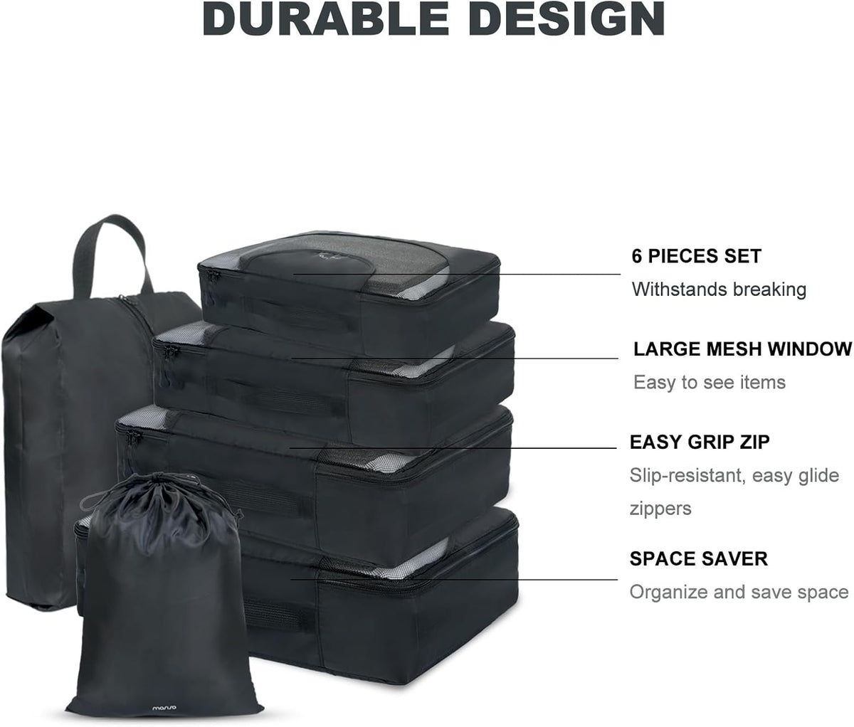 6 Set Packing Cubes for Travel Essentials, Suitcase Organizer Bags Set for Luggage, Light Weight Space-Saving Travel Accessories Expandable Packing Organizer Divider Road Trip Bags, Black