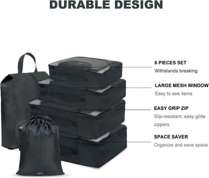 6 Set Packing Cubes for Travel Essentials, Suitcase Organizer Bags Set for Luggage, Light Weight Space-Saving Travel Accessories Expandable Packing Organizer Divider Road Trip Bags, Black