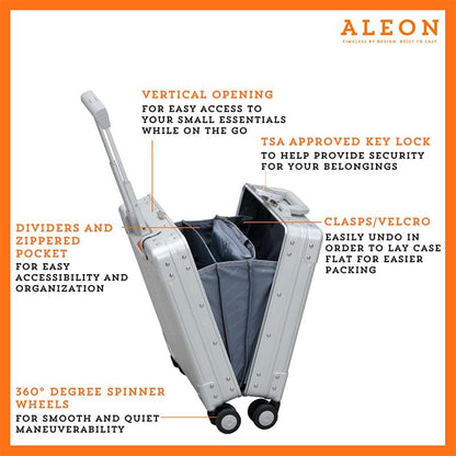 All Aluminum Lightweight 16" Premium Vertical Underseat Carry-on Luggage - Business Briefcase with Wheels - Hardshell Suitcase