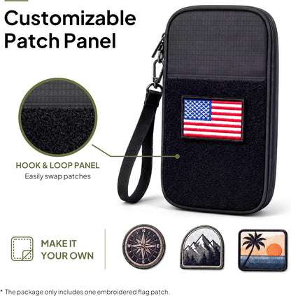 Family Passport Holder with Tracker Slot, RFID Blocking Travel Wallet for 4 Passports & 8 Cards, Crossbody Passport Organizer with Wristlet Strap, Water-Resistant 210D Nylon, Customizable Patch Panel