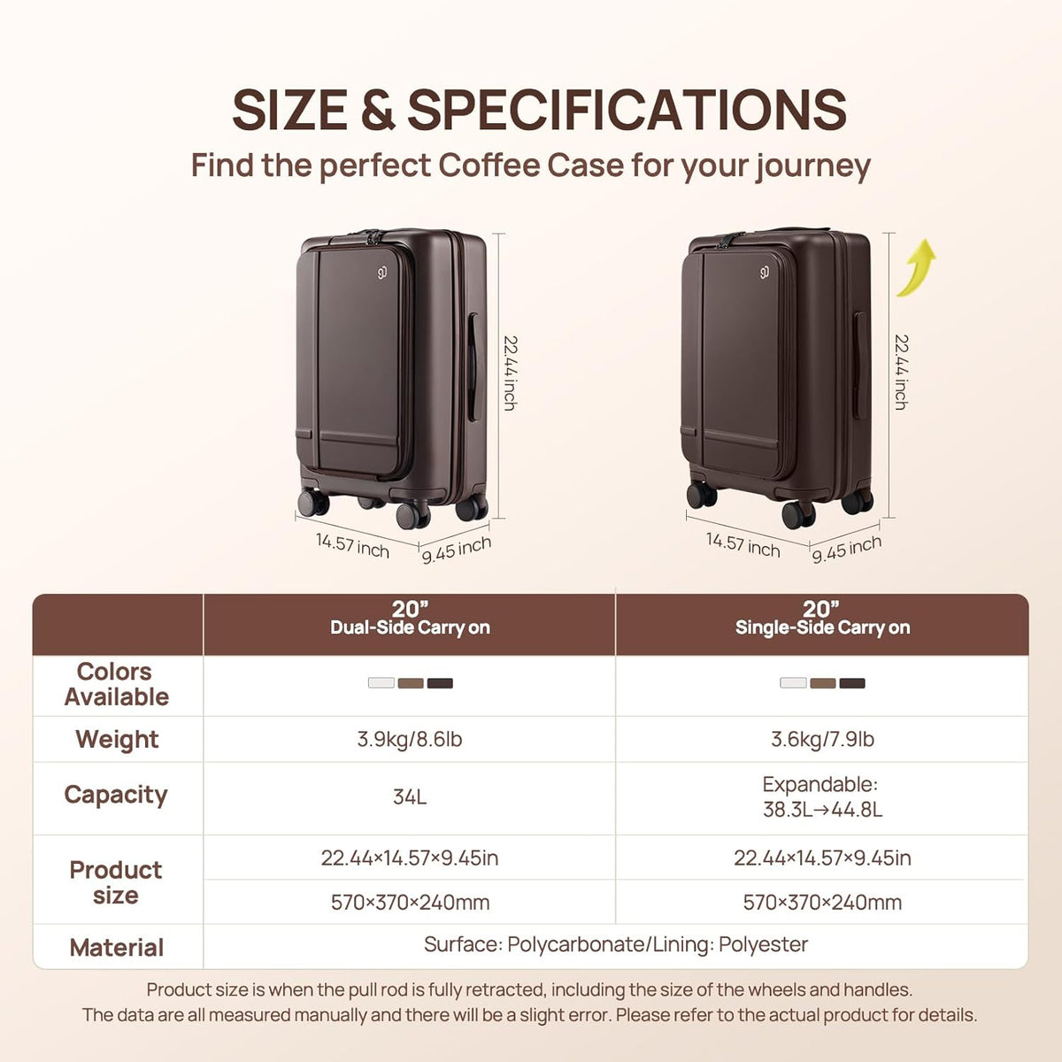 Carry On Luggage 22X14X9 Airline Approved with Front Pocket, 20 Inch Luggage with Front Compartment, Expandable, Double Spinner Wheels, Hardsided PC, TSA Lock (Cool Grey, Seine Max)