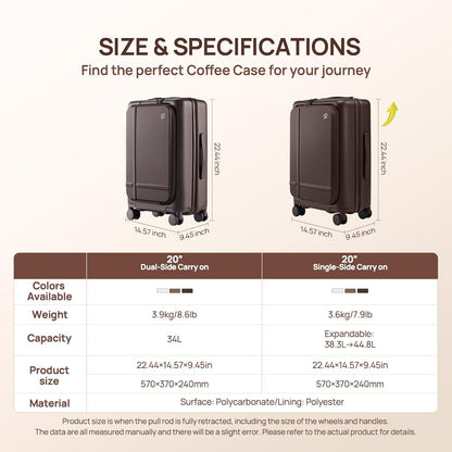 Carry On Luggage 22X14X9 Airline Approved with Front Pocket, 20 Inch Luggage with Front Compartment, Expandable, Double Spinner Wheels, Hardsided PC, TSA Lock (Cool Grey, Seine Max)