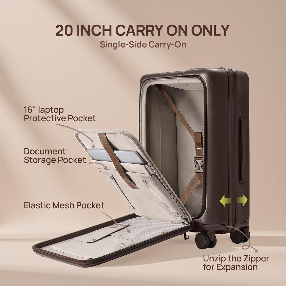 Carry On Luggage 22X14X9 Airline Approved with Front Pocket, 20 Inch Luggage with Front Compartment, Expandable, Double Spinner Wheels, Hardsided PC, TSA Lock (Cool Grey, Seine Max)