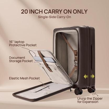 Carry On Luggage 22X14X9 Airline Approved with Front Pocket, 20 Inch Luggage with Front Compartment, Expandable, Double Spinner Wheels, Hardsided PC, TSA Lock (Cool Grey, Seine Max)