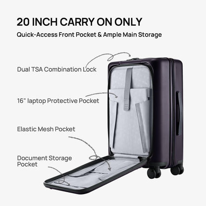 Carry On Luggage 22X14X9 Airline Approved with Front Pocket, 20 Inch Luggage with Front Compartment, Expandable, Double Spinner Wheels, Hardsided PC, TSA Lock (Cool Grey, Seine Max)