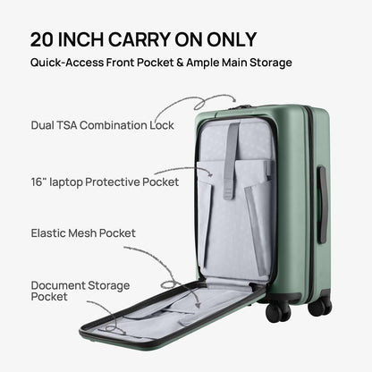 Carry On Luggage 22X14X9 Airline Approved with Front Pocket, 20 Inch Luggage with Front Compartment, Expandable, Double Spinner Wheels, Hardsided PC, TSA Lock (Cool Grey, Seine Max)