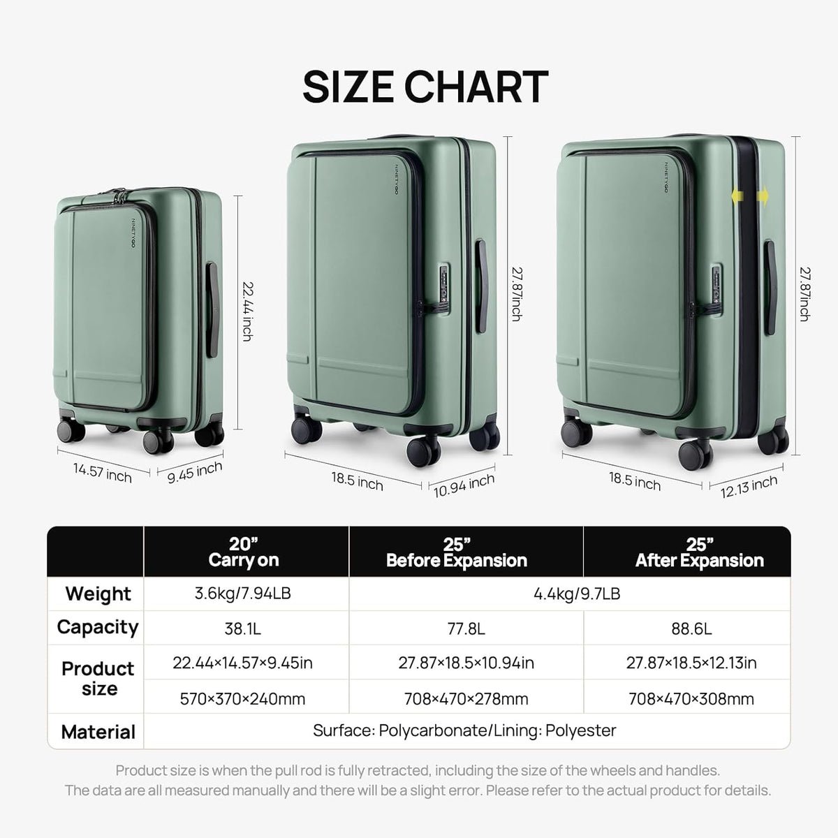 Carry On Luggage 22X14X9 Airline Approved with Front Pocket, 20 Inch Luggage with Front Compartment, Expandable, Double Spinner Wheels, Hardsided PC, TSA Lock (Cool Grey, Seine Max)