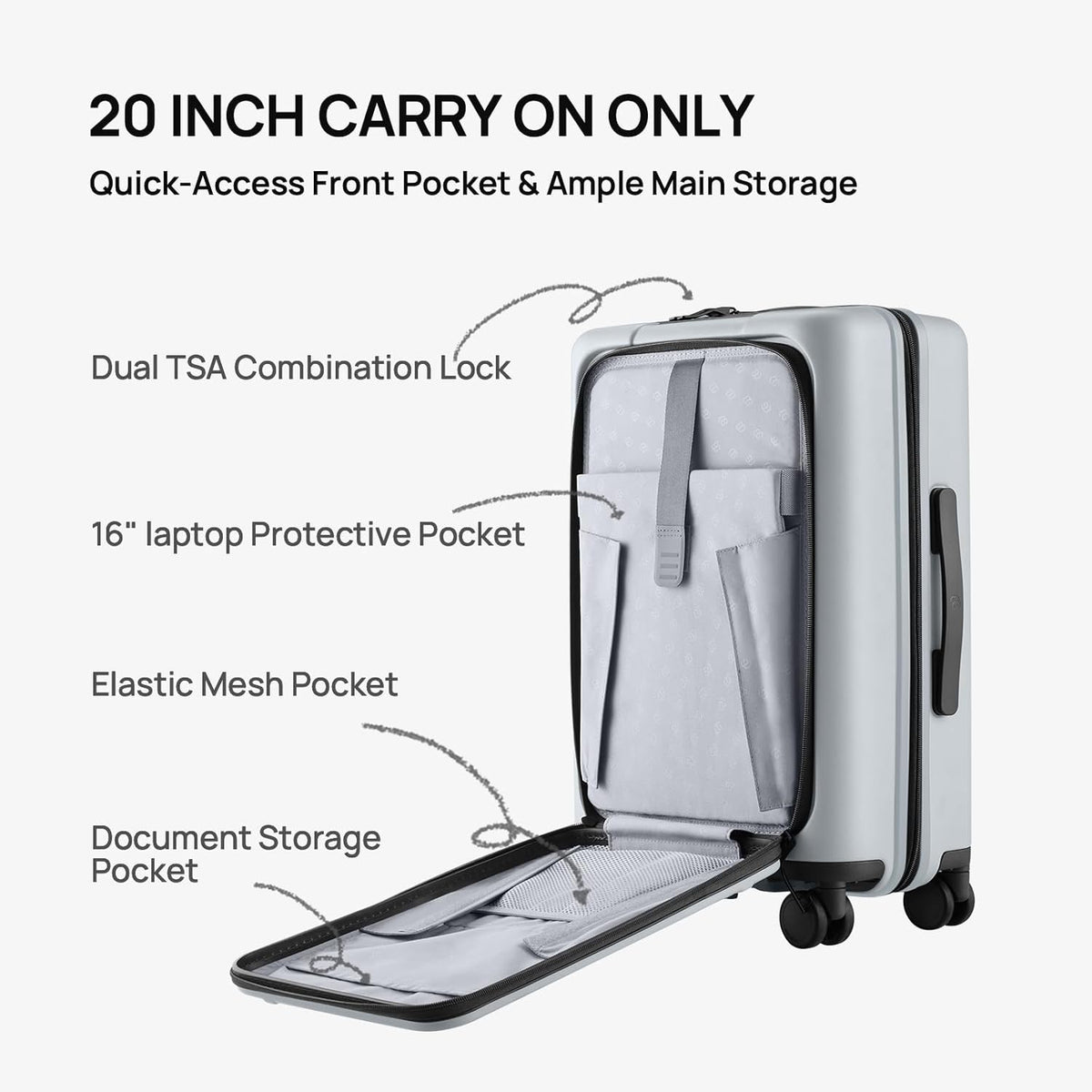 Carry On Luggage 22X14X9 Airline Approved with Front Pocket, 20 Inch Luggage with Front Compartment, Expandable, Double Spinner Wheels, Hardsided PC, TSA Lock (Cool Grey, Seine Max)