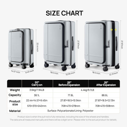 Carry On Luggage 22X14X9 Airline Approved with Front Pocket, 20 Inch Luggage with Front Compartment, Expandable, Double Spinner Wheels, Hardsided PC, TSA Lock (Cool Grey, Seine Max)