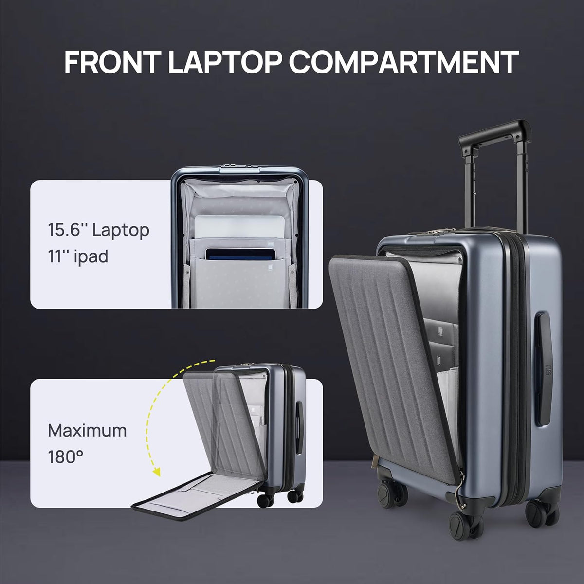 Carry On Luggage 22X14X9 Airline Approved with Front Pocket, 20 Inch Luggage with Front Compartment, Expandable, Double Spinner Wheels, Hardsided PC, TSA Lock (Cool Grey, Seine Max)