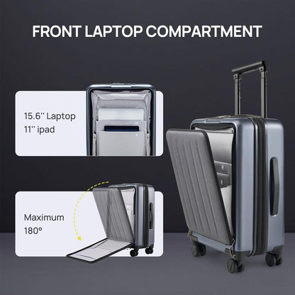 Carry On Luggage 22X14X9 Airline Approved with Front Pocket, 20 Inch Luggage with Front Compartment, Expandable, Double Spinner Wheels, Hardsided PC, TSA Lock (Cool Grey, Seine Max)