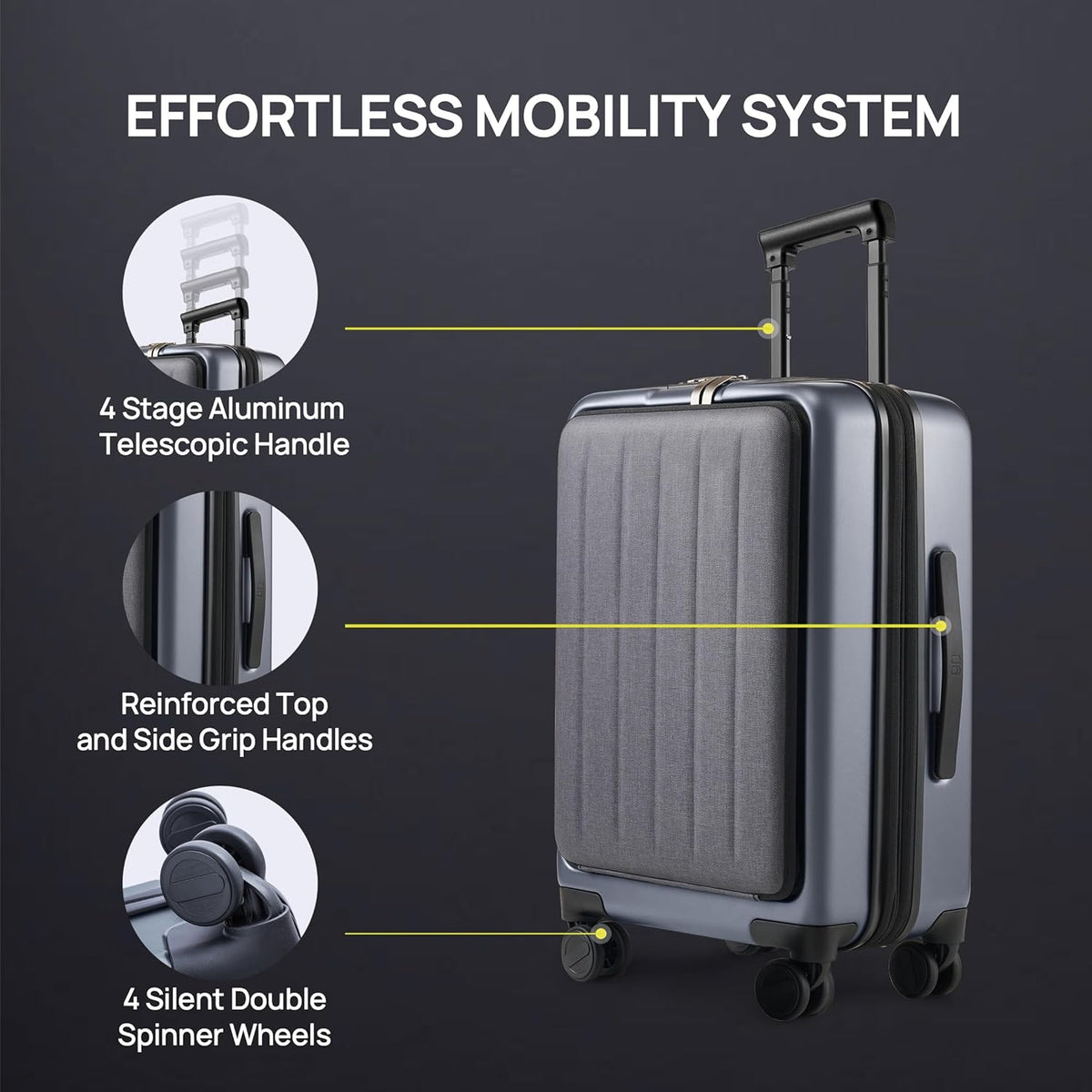 Carry On Luggage 22X14X9 Airline Approved with Front Pocket, 20 Inch Luggage with Front Compartment, Expandable, Double Spinner Wheels, Hardsided PC, TSA Lock (Cool Grey, Seine Max)