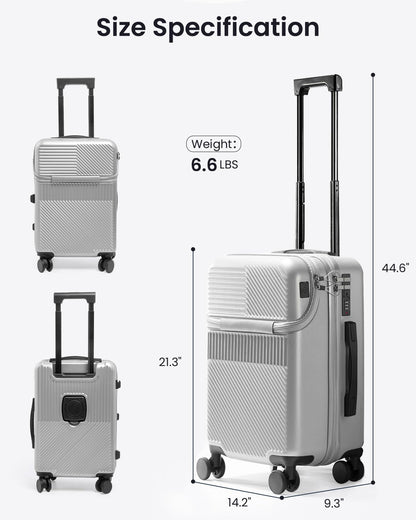 20 Inch Carry-On Luggage with Front Opening, Cup Holder & USB Port, Lightweight ABS+PC Hardshell Spinner Suitcase, Airline Approved, 360° Wheels, Sliver