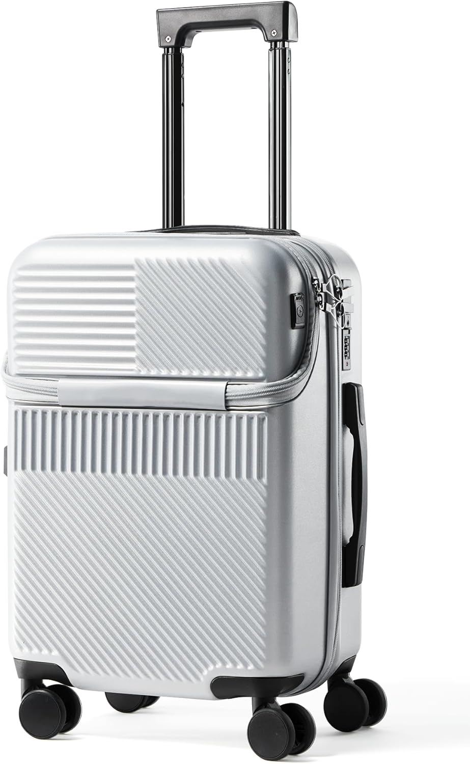 20 Inch Carry-On Luggage with Front Opening, Cup Holder & USB Port, Lightweight ABS+PC Hardshell Spinner Suitcase, Airline Approved, 360° Wheels, Sliver
