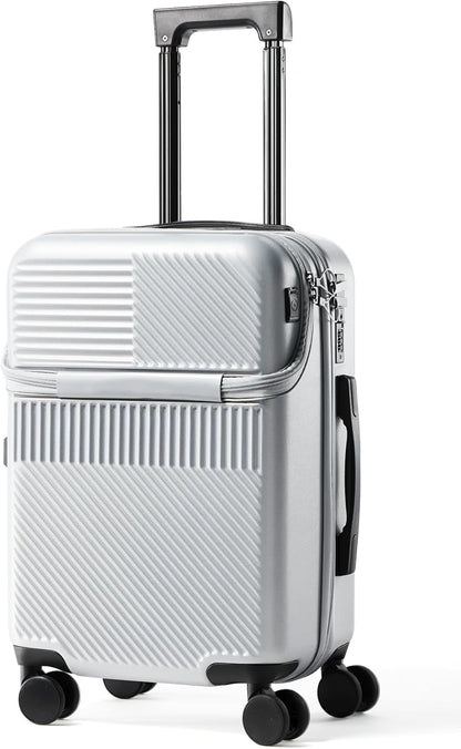 20 Inch Carry-On Luggage with Front Opening, Cup Holder & USB Port, Lightweight ABS+PC Hardshell Spinner Suitcase, Airline Approved, 360° Wheels, Sliver