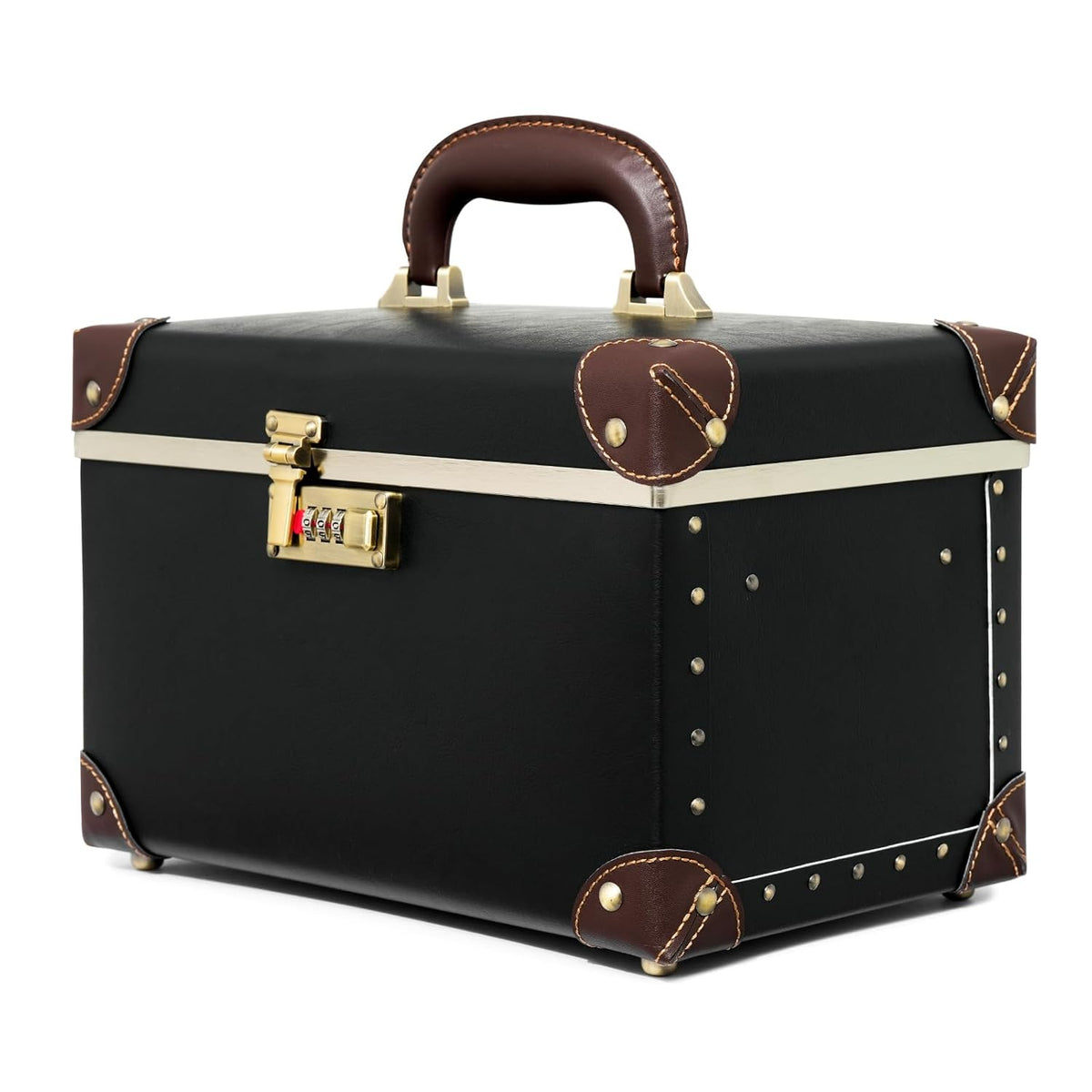 Vintage Makeup Train Case, Rose Gold Artificial Leather, Professional Cosmetic Storage Box with Metal Combination Lock, Desktop Organizer