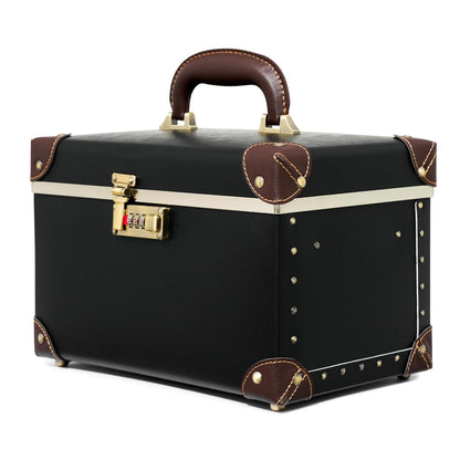 Vintage Makeup Train Case, Rose Gold Artificial Leather, Professional Cosmetic Storage Box with Metal Combination Lock, Desktop Organizer