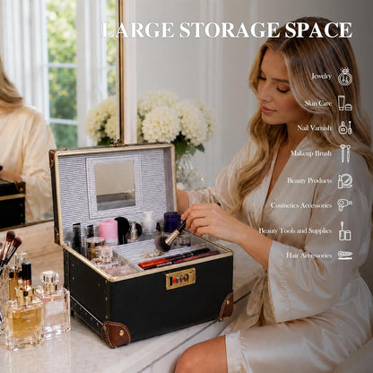 Vintage Makeup Train Case, Rose Gold Artificial Leather, Professional Cosmetic Storage Box with Metal Combination Lock, Desktop Organizer