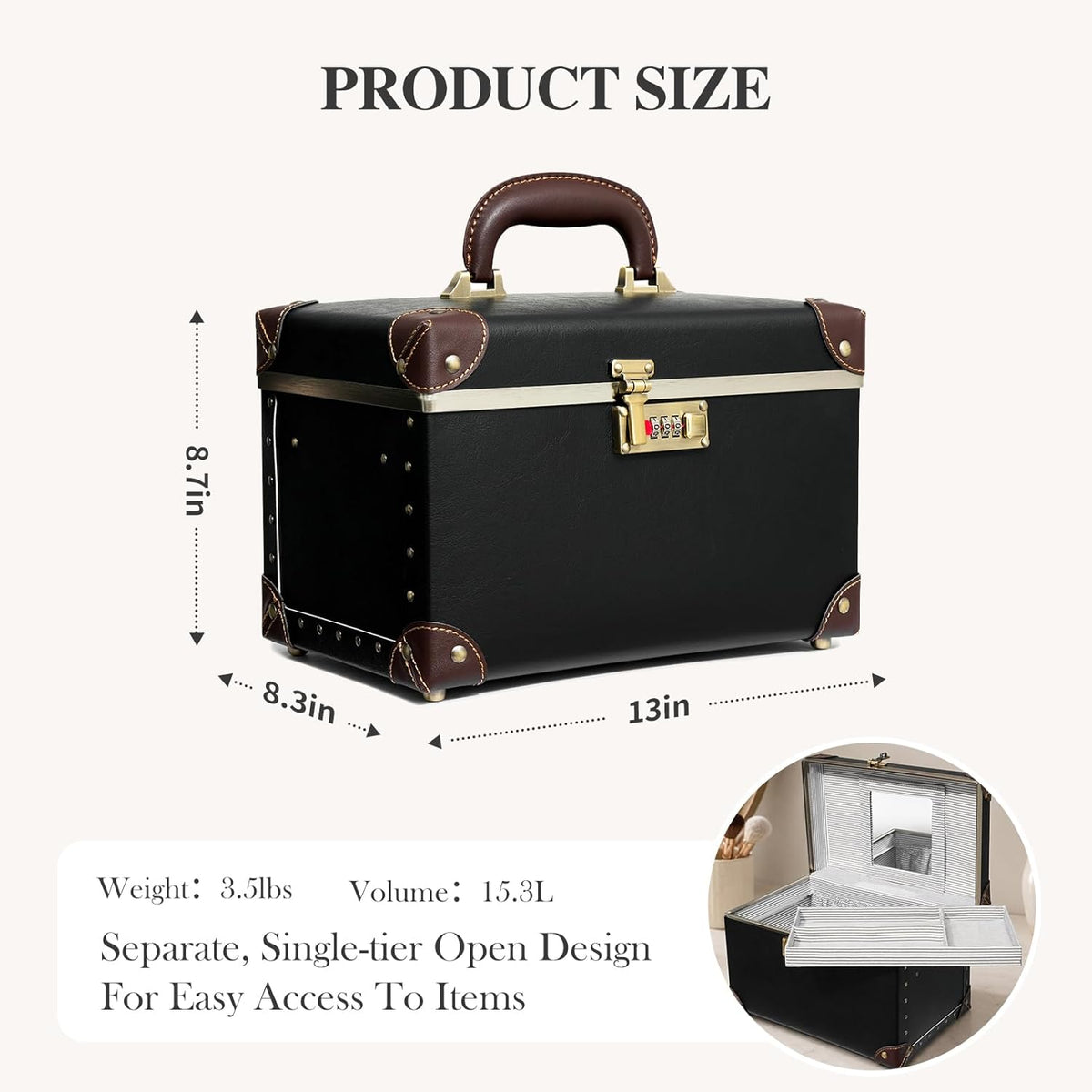 Vintage Makeup Train Case, Rose Gold Artificial Leather, Professional Cosmetic Storage Box with Metal Combination Lock, Desktop Organizer