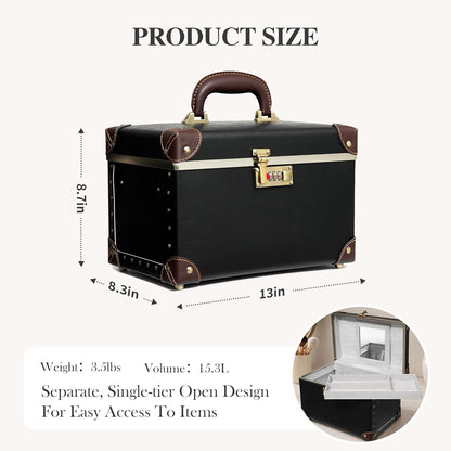 Vintage Makeup Train Case, Rose Gold Artificial Leather, Professional Cosmetic Storage Box with Metal Combination Lock, Desktop Organizer