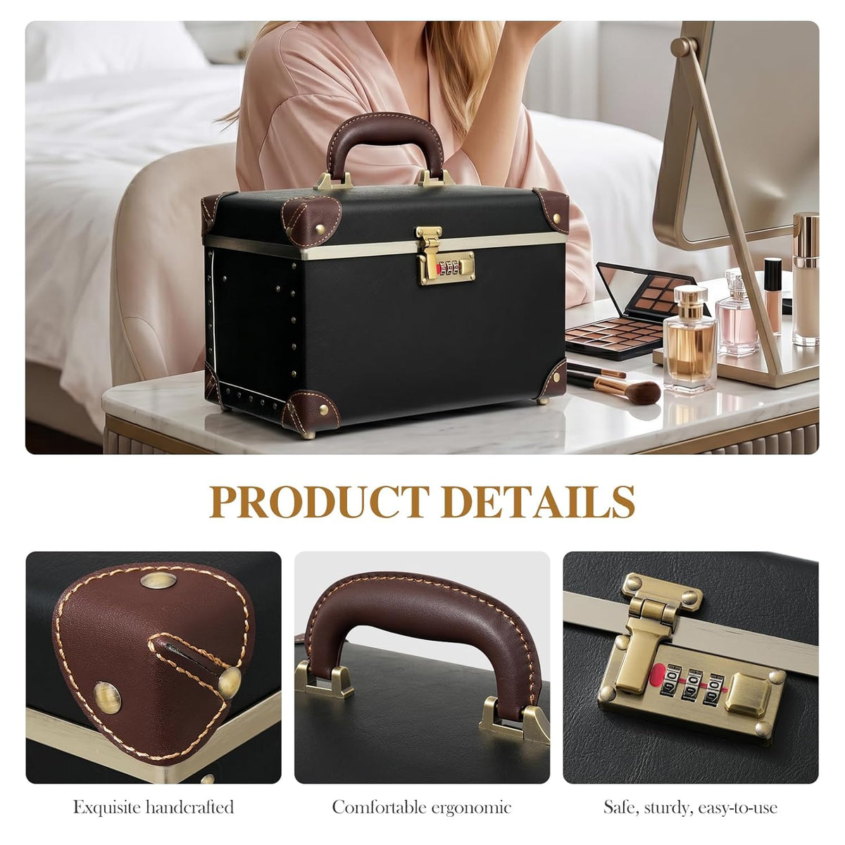 Vintage Makeup Train Case, Rose Gold Artificial Leather, Professional Cosmetic Storage Box with Metal Combination Lock, Desktop Organizer