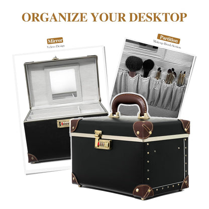 Vintage Makeup Train Case, Rose Gold Artificial Leather, Professional Cosmetic Storage Box with Metal Combination Lock, Desktop Organizer