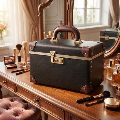 Vintage Makeup Train Case, Rose Gold Artificial Leather, Professional Cosmetic Storage Box with Metal Combination Lock, Desktop Organizer