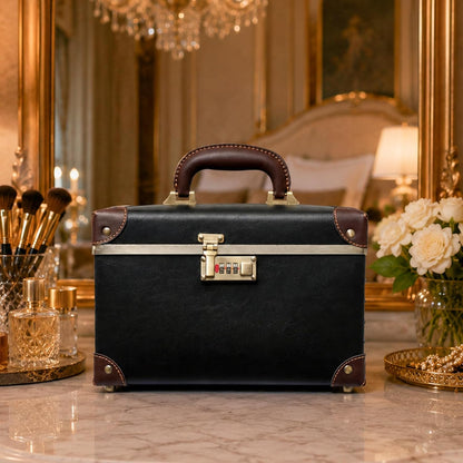 Vintage Makeup Train Case, Rose Gold Artificial Leather, Professional Cosmetic Storage Box with Metal Combination Lock, Desktop Organizer