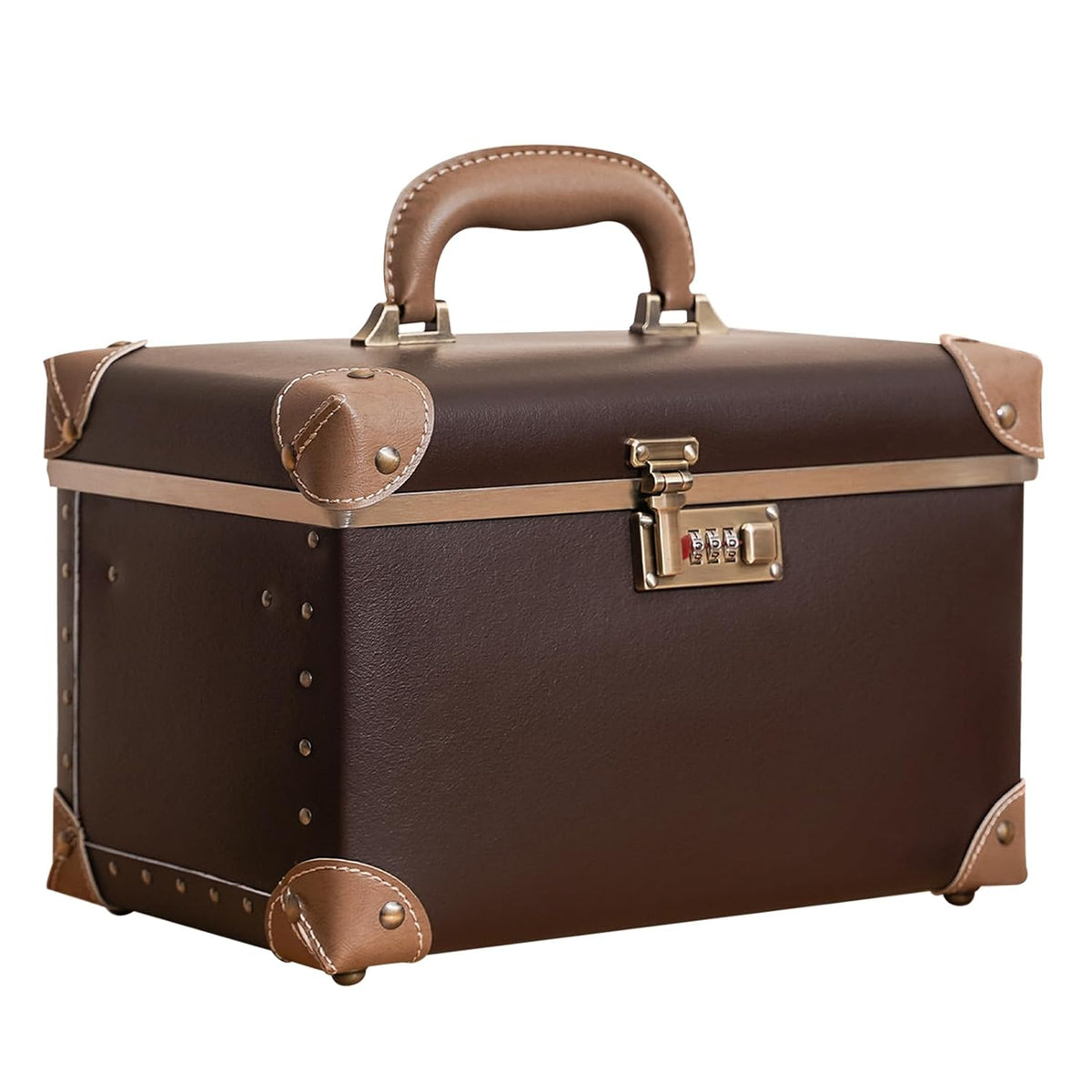 Vintage Makeup Train Case, Rose Gold Artificial Leather, Professional Cosmetic Storage Box with Metal Combination Lock, Desktop Organizer