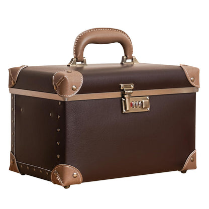 Vintage Makeup Train Case, Rose Gold Artificial Leather, Professional Cosmetic Storage Box with Metal Combination Lock, Desktop Organizer