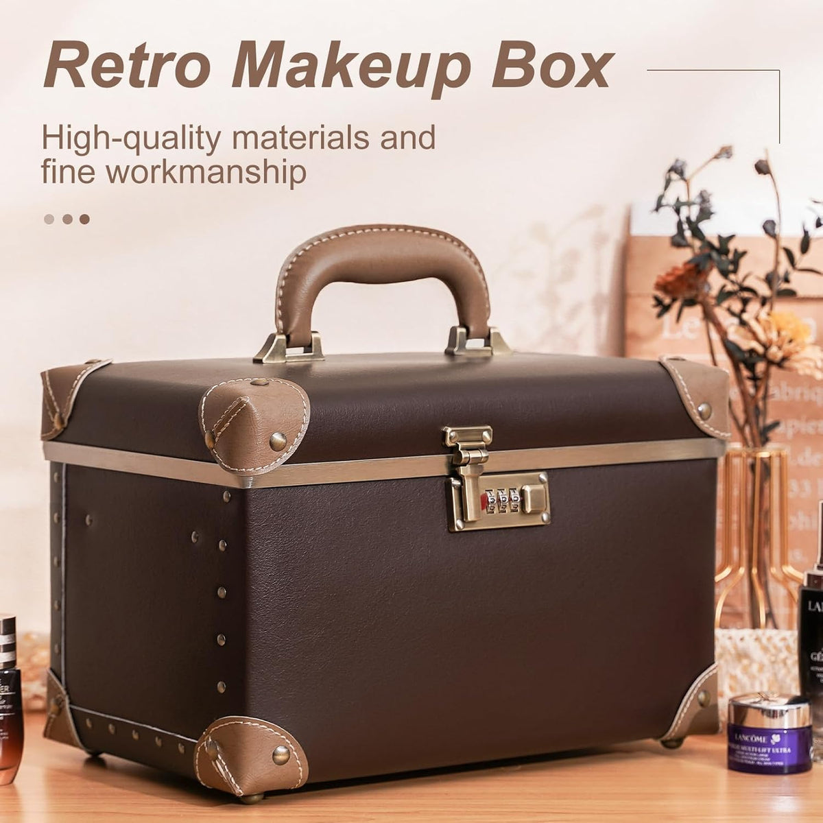 Vintage Makeup Train Case, Rose Gold Artificial Leather, Professional Cosmetic Storage Box with Metal Combination Lock, Desktop Organizer