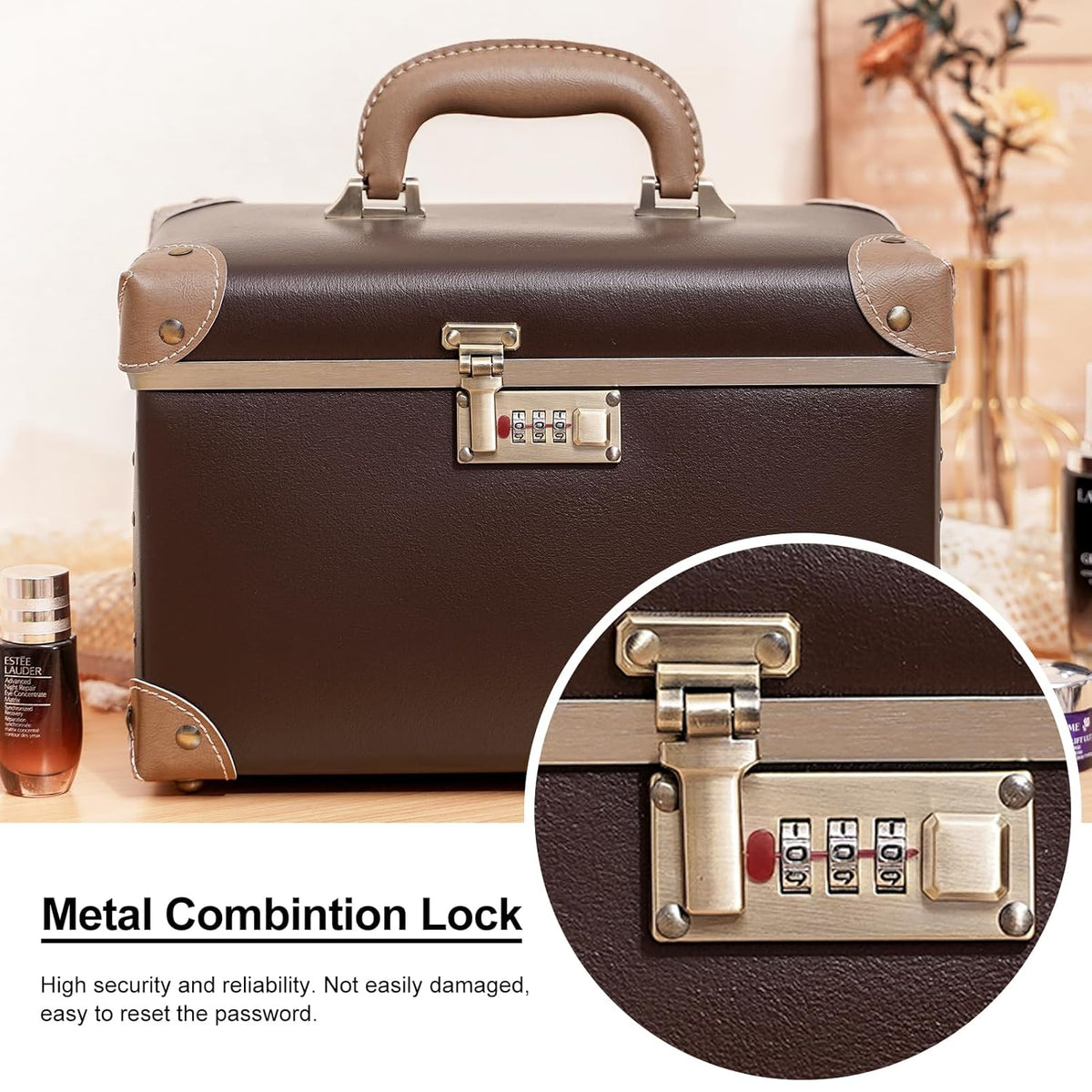 Vintage Makeup Train Case, Rose Gold Artificial Leather, Professional Cosmetic Storage Box with Metal Combination Lock, Desktop Organizer