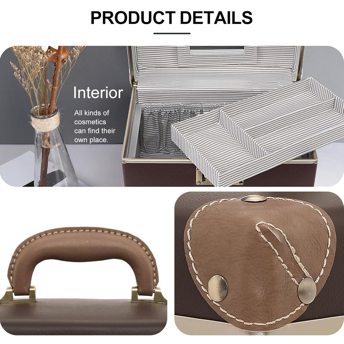 Vintage Makeup Train Case, Rose Gold Artificial Leather, Professional Cosmetic Storage Box with Metal Combination Lock, Desktop Organizer