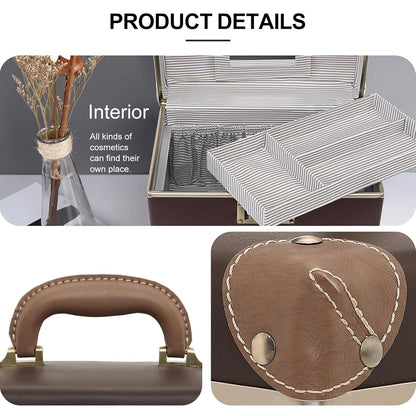 Vintage Makeup Train Case, Rose Gold Artificial Leather, Professional Cosmetic Storage Box with Metal Combination Lock, Desktop Organizer