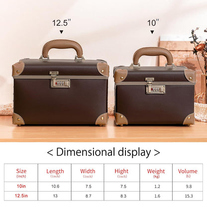 Vintage Makeup Train Case, Rose Gold Artificial Leather, Professional Cosmetic Storage Box with Metal Combination Lock, Desktop Organizer