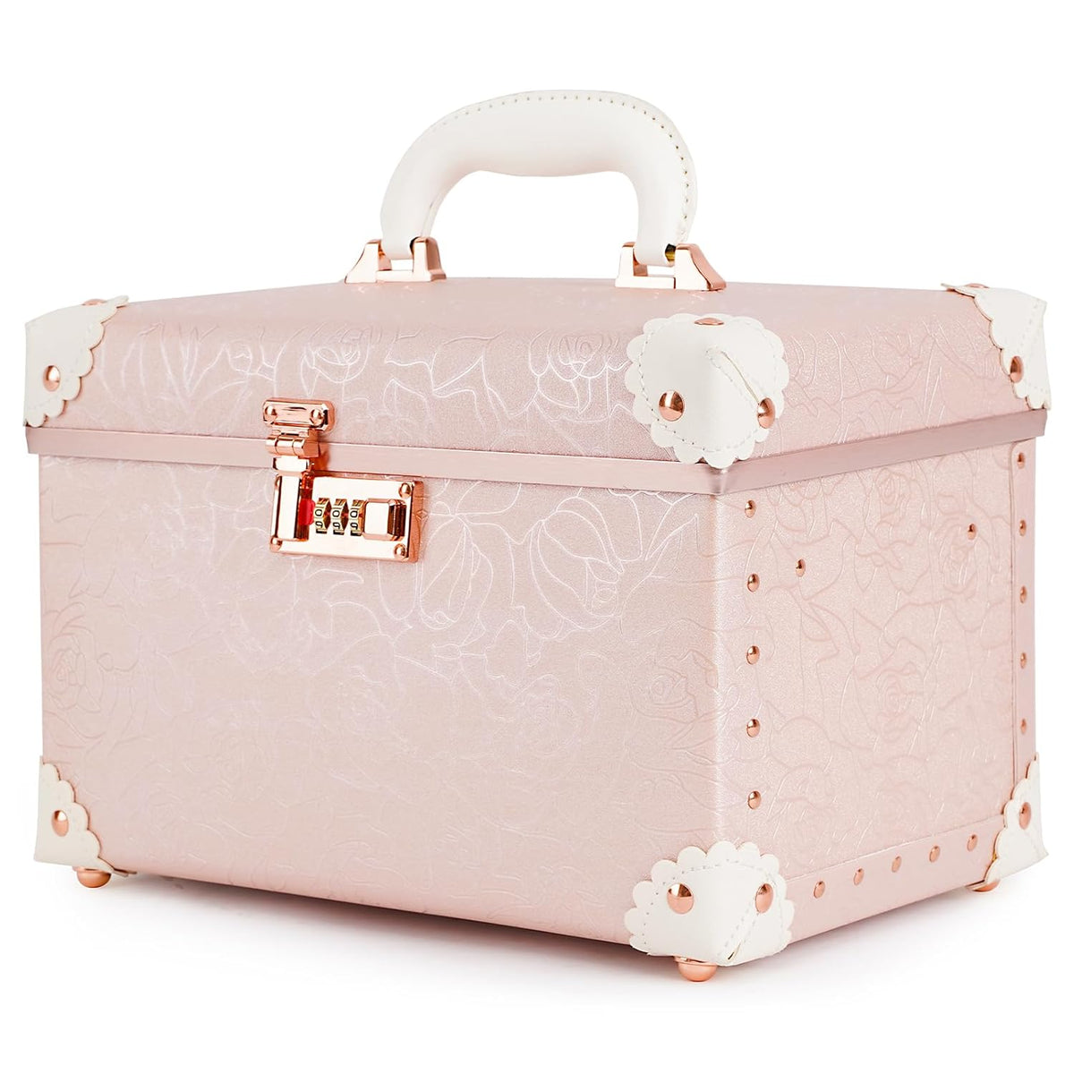 Vintage Makeup Train Case, Rose Gold Artificial Leather, Professional Cosmetic Storage Box with Metal Combination Lock, Desktop Organizer