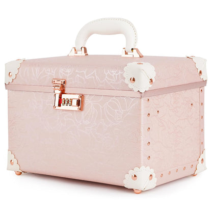 Vintage Makeup Train Case, Rose Gold Artificial Leather, Professional Cosmetic Storage Box with Metal Combination Lock, Desktop Organizer