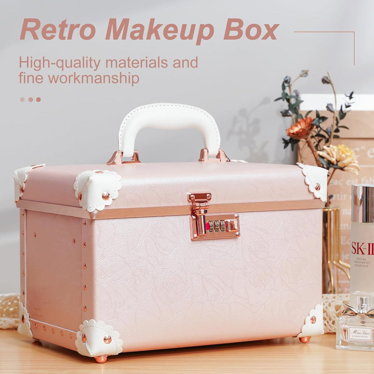 Vintage Makeup Train Case, Rose Gold Artificial Leather, Professional Cosmetic Storage Box with Metal Combination Lock, Desktop Organizer