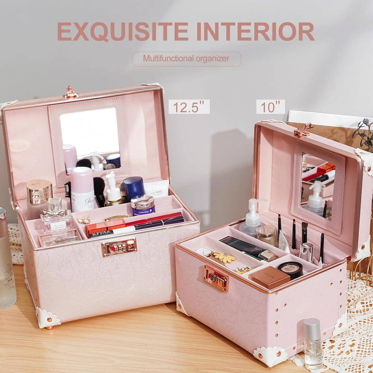Vintage Makeup Train Case, Rose Gold Artificial Leather, Professional Cosmetic Storage Box with Metal Combination Lock, Desktop Organizer