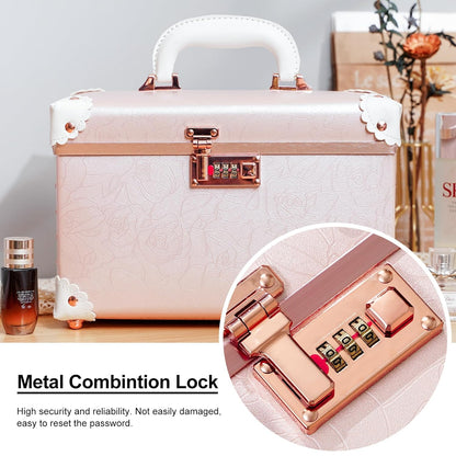 Vintage Makeup Train Case, Rose Gold Artificial Leather, Professional Cosmetic Storage Box with Metal Combination Lock, Desktop Organizer