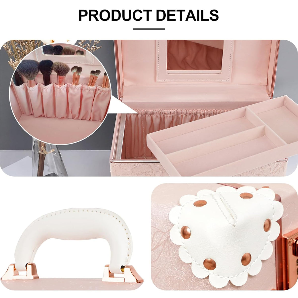 Vintage Makeup Train Case, Rose Gold Artificial Leather, Professional Cosmetic Storage Box with Metal Combination Lock, Desktop Organizer